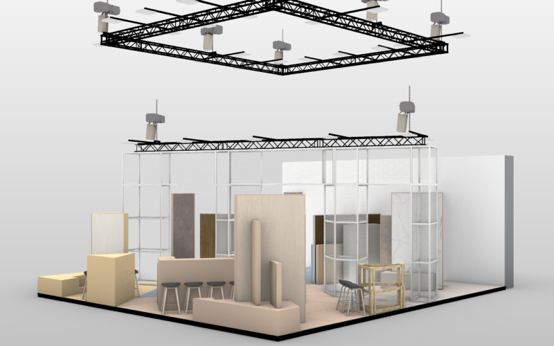 Stand 90 m² — lansare colecție PAL & MDF — Standuri expoziționale, proiect Sphericon
