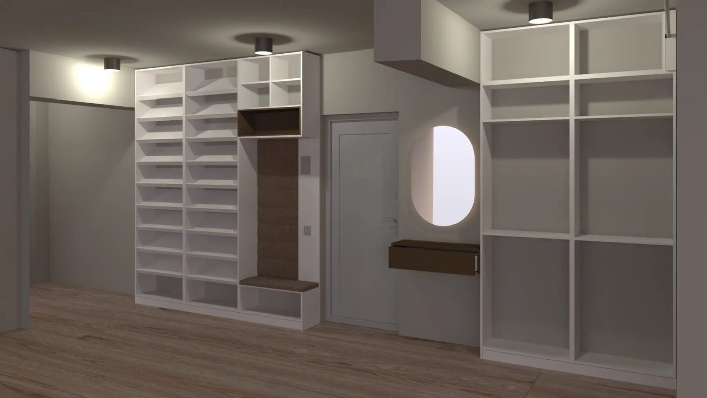 Antreu — Mobilier hol cu bancă tapițată — imagine proiect