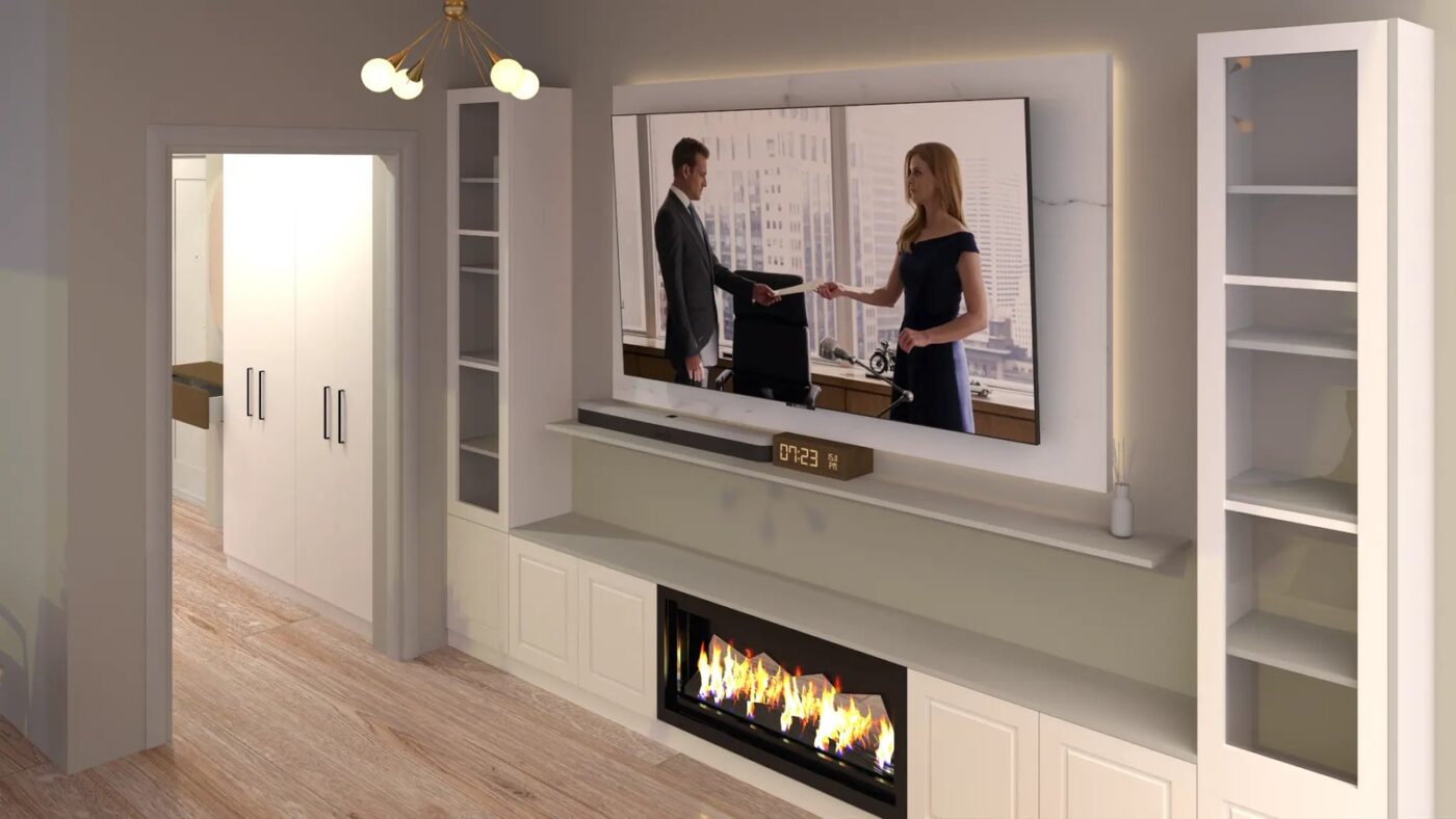 Living — Perete TV cu șemineu — Mobilier corp și moale, proiect Sphericon