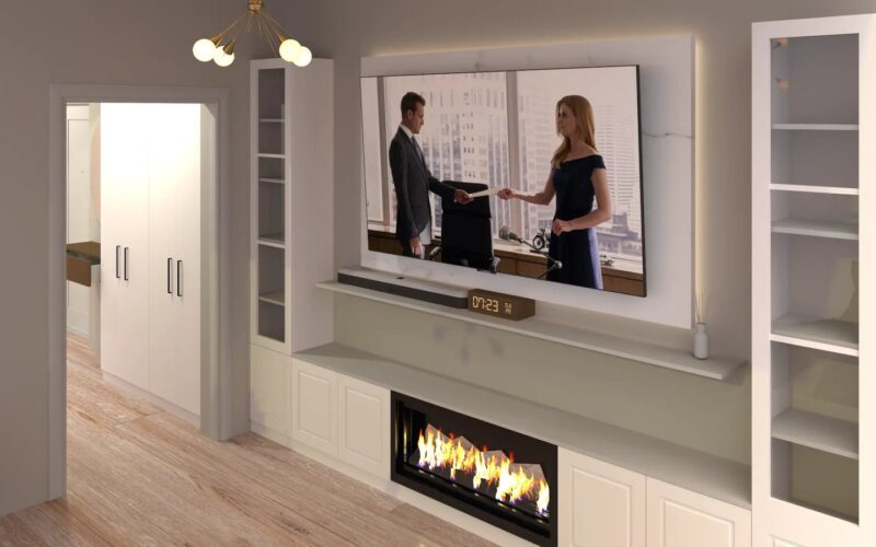 Living — Perete TV cu șemineu — Mobilier corp și moale, proiect Sphericon